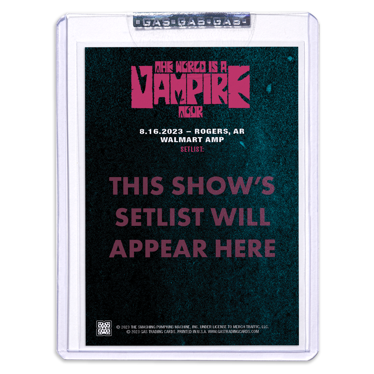GAS The Smashing Pumpkins August 16, 2023, Rogers, AR Setlist Trading Card Illustrated by Jack C. Gregory