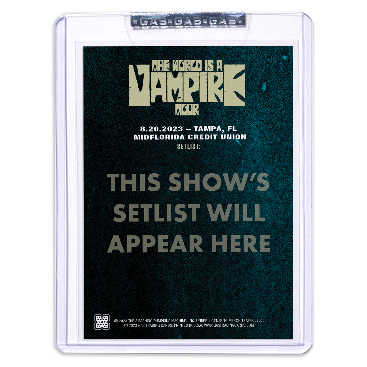 GAS The Smashing Pumpkins August 20, 2023, Tampa, FL Setlist Trading Card Illustrated by Sam Green