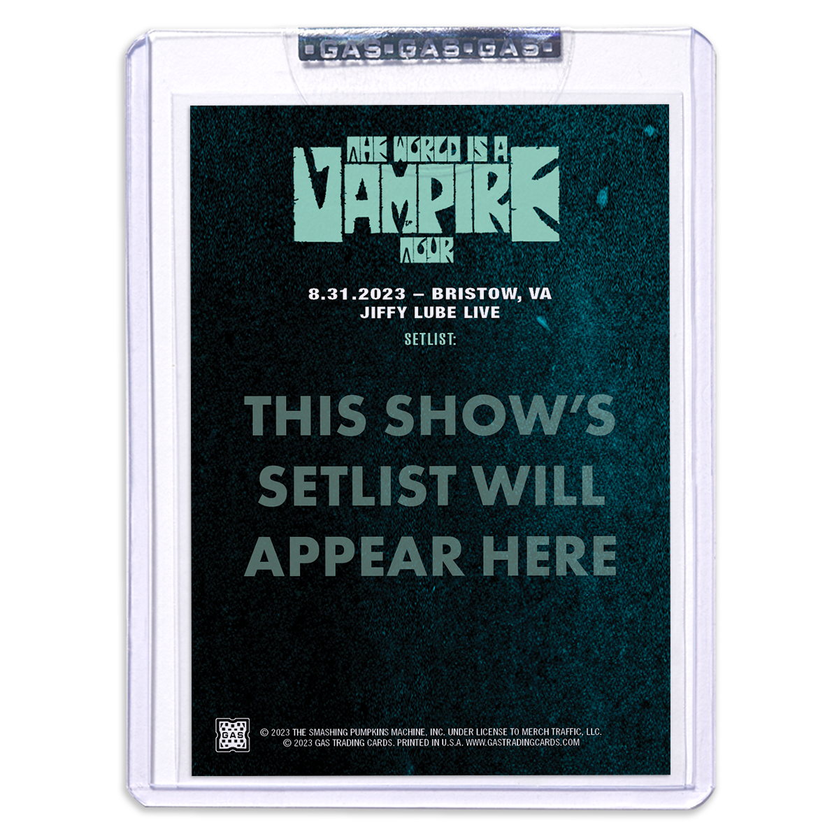 GAS The Smashing Pumpkins August 31, 2023, Bristow, VA Setlist Trading Card Illustrated by Kelly Roman